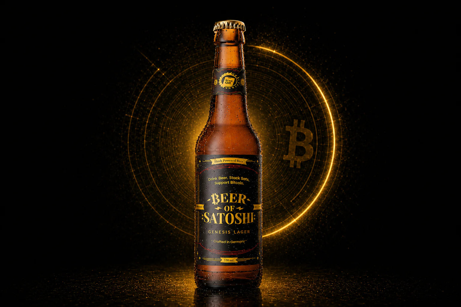 A chilled Beer of Satoshi Genesis Lager bottle