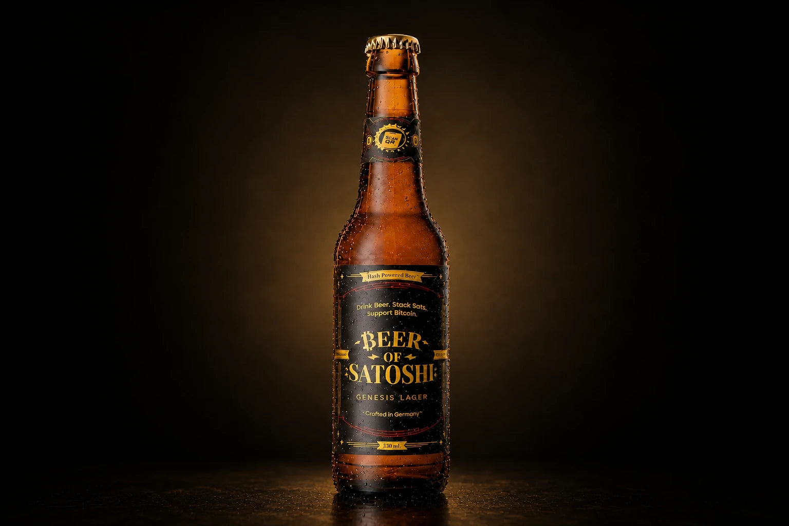 Beer of Satoshi Genesis Lager bottle on a dark amber studio background