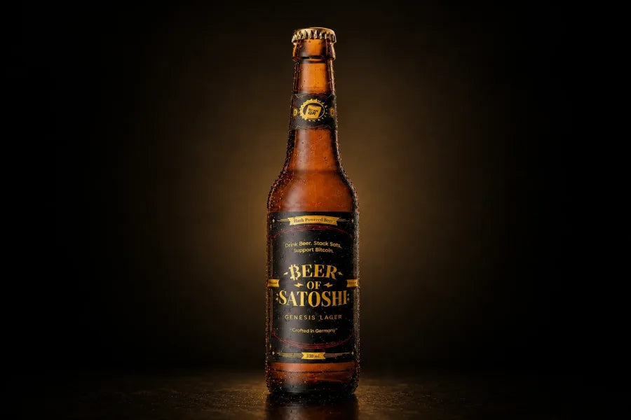 Beer of Satoshi Genesis Lager bottle on a dark amber studio background